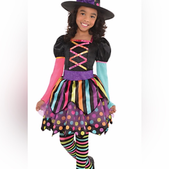 Girls Sz M 8-10 Miss Matched Witch Rainbow Dress Costume - Picture 1 of 6
